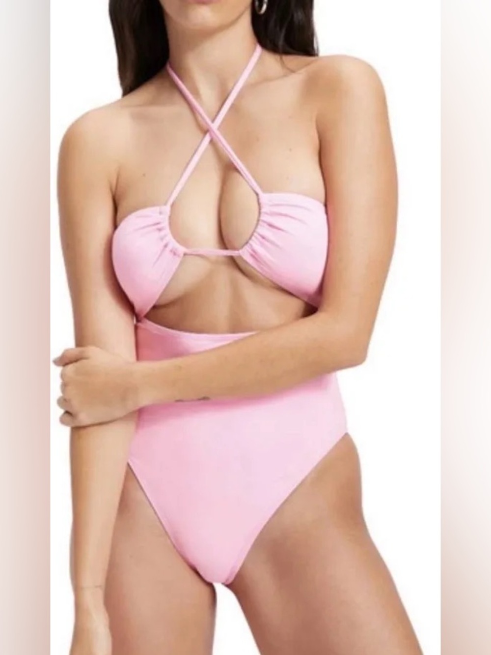 Good American‎ Sugar Pink Halter One Piece Cut Out Strappy Swimsuit 6/2X